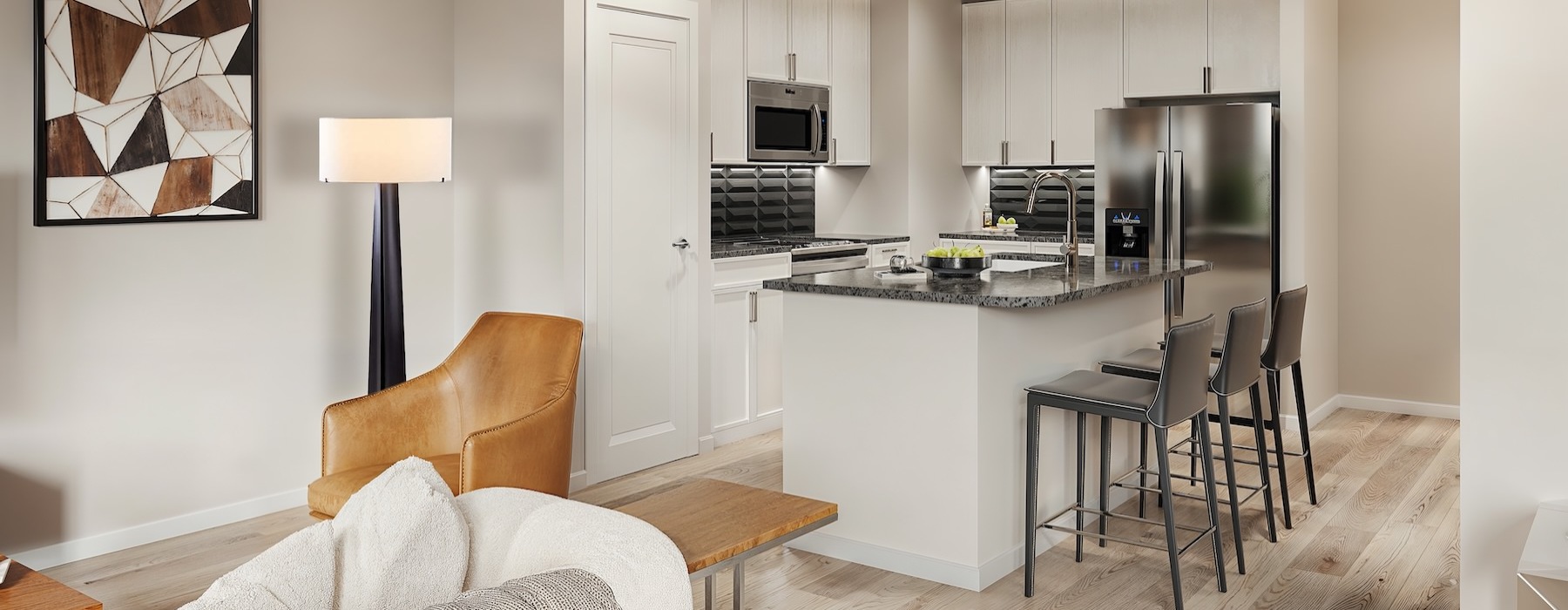 a kitchen with a dining table and a refrigerator