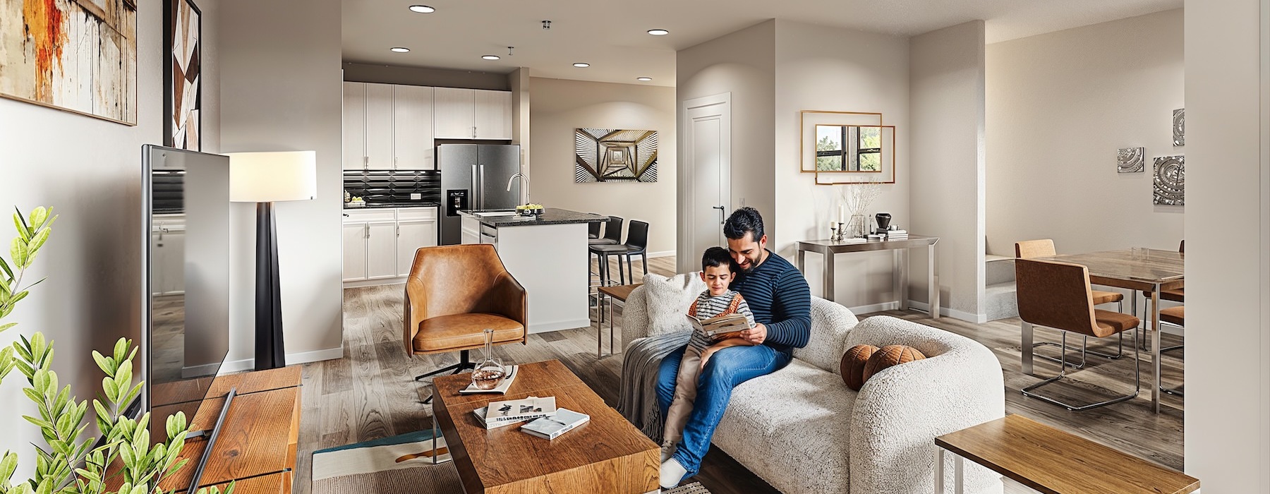 a man and a boy sitting in a living room