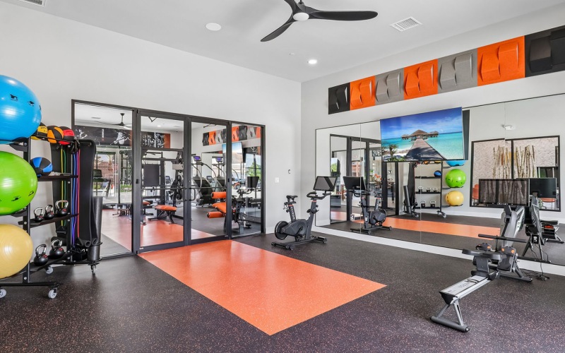 room with yoga balls and large mat
